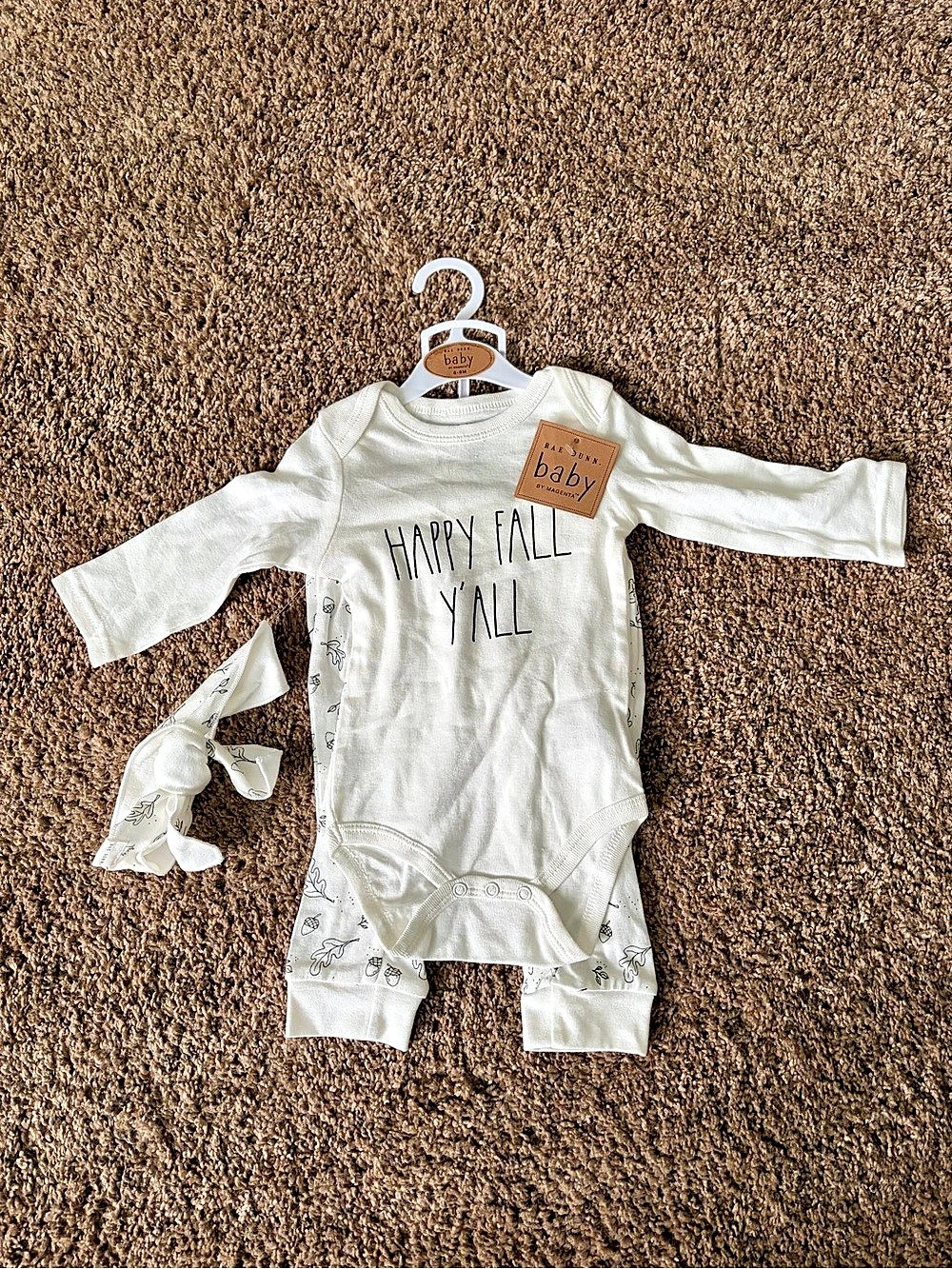 Rae Dunn Happy Fall Y'all 3-Piece Bodysuit, Pants, and Headband Set in Cream.  N